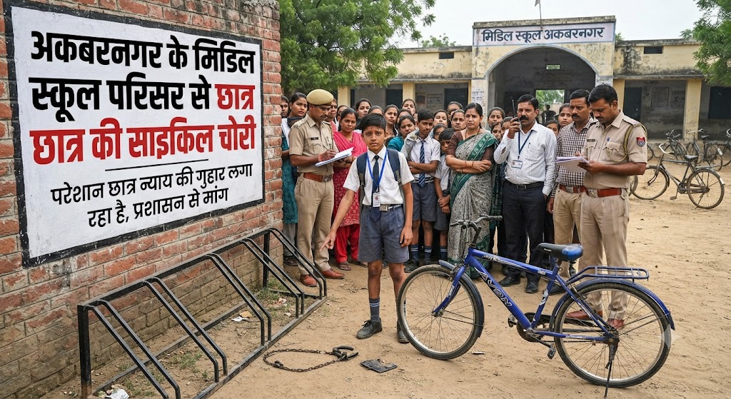 Student's Bicycle Stolen from Middle School Premises in Akbarnagar; Incident Captured on CCTV in Library Parking, Police Scanning Footage