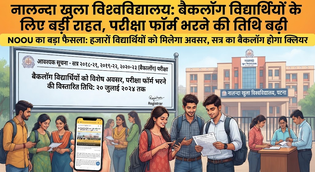 नालन्दा खुला विश्वविद्यालय (NOOU) ने सत्र के बैकलॉग विद्यार्थियों के लिए जारी की बड़ी राहत; बीए, बीएससी, बीकॉम, बीसीए और बीबीए पार्ट-3 के अनुत्तीर्ण व अनुपस्थित छात्रों को 6 अगस्त तक परीक्षा फॉर्म भरने का मिला अंतिम मौका