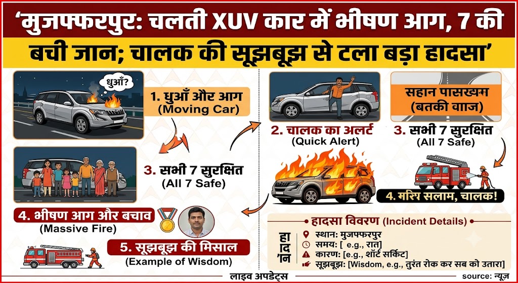 मुजफ्फरपुर में चलती XUV कार में लगी भीषण आग, सात लोगों की बची जान; चालक की सूझबूझ से टला बड़ा हादसा