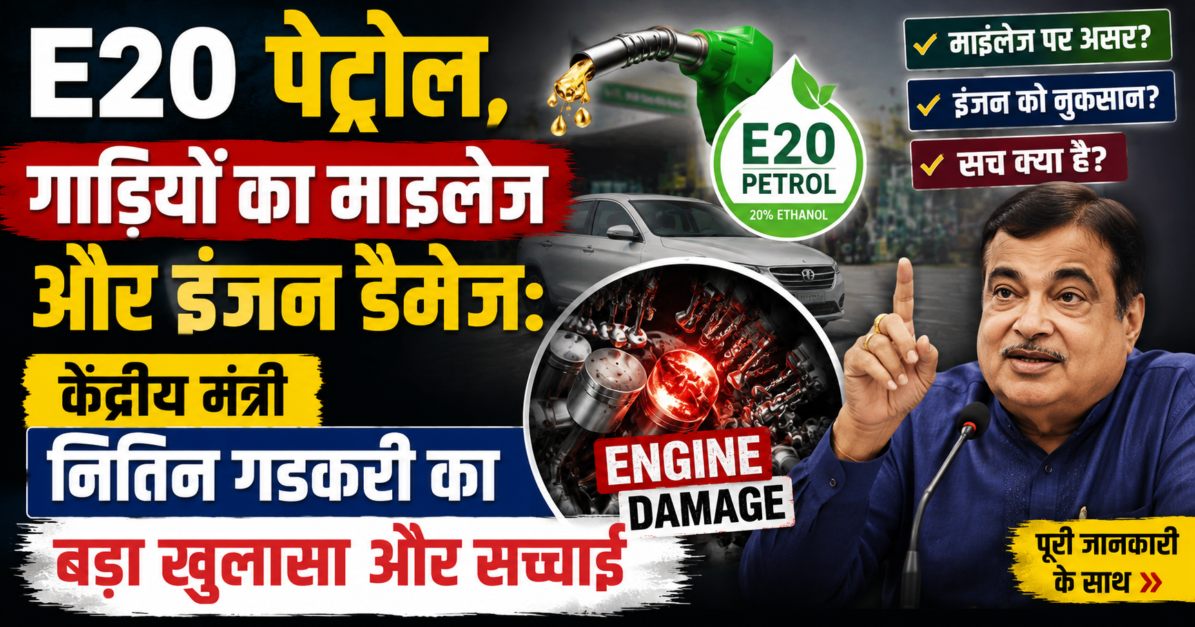 E20 पेट्रोल, गाड़ियों का माइलेज और इंजन डैमेज: केंद्रीय मंत्री नितिन गडकरी का बड़ा खुलासा और सच्चाई