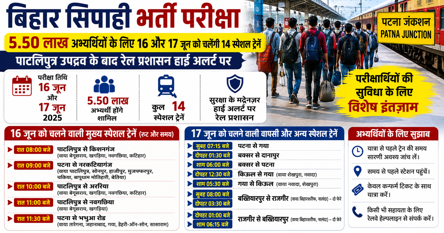 बिहार सिपाही भर्ती परीक्षा: 5.50 लाख अभ्यर्थियों के लिए 16 और 17 जून को चलेंगी 14 स्पेशल ट्रेनें; पाटलिपुत्र उपद्रव के बाद रेल प्रशासन हाई अलर्ट पर