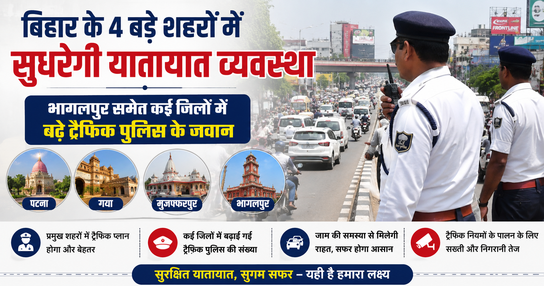 बिहार के 4 बड़े शहरों में सुधरेगी यातायात व्यवस्था; भागलपुर समेत कई जिलों में बढ़े ट्रैफिक पुलिस के जवान