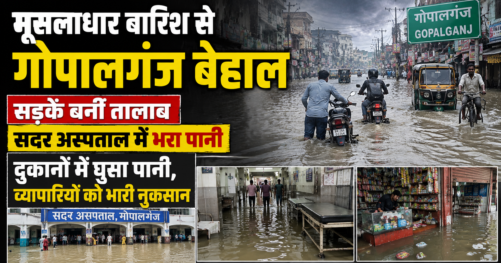 मूसलाधार बारिश से गोपालगंज बेहाल, सड़कें बनीं तालाब, सदर अस्पताल में भरा पानी; दुकानों में घुसा पानी, व्यापारियों को भारी नुकसान
