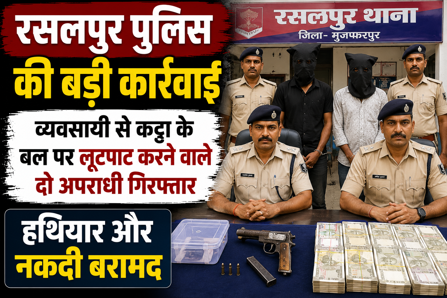 रसलपुर पुलिस की बड़ी कार्रवाई, व्यवसायी से कट्टा के बल पर लूटपाट करने वाले दो अपराधी गिरफ्तार; हथियार और नकदी बरामद