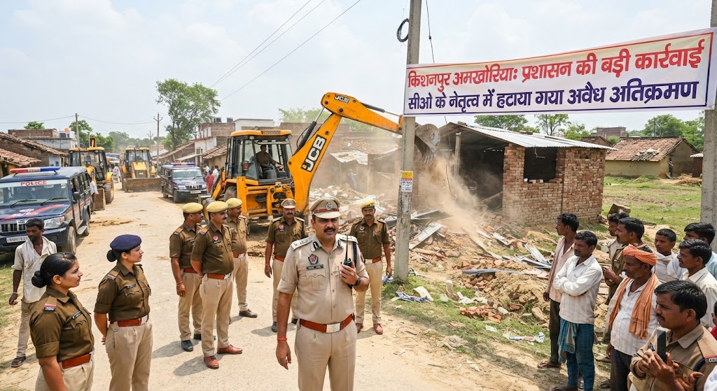 किशनपुर अमखोरिया में प्रशासन की बड़ी कार्रवाई; सीओ के नेतृत्व में हटाया गया अवैध अतिक्रमण,