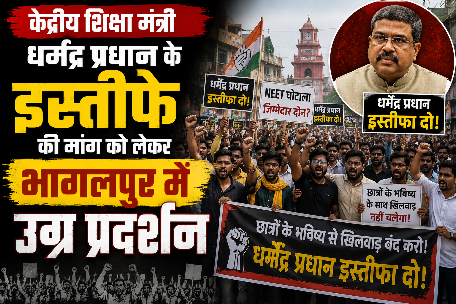 केंद्रीय शिक्षा मंत्री धर्मेंद्र प्रधान के इस्तीफे की मांग को लेकर भागलपुर में उग्र प्रदर्शन; तिलकामांझी से मनाली चौक तक बंद समर्थकों ने काटा हंगामा, पुलिस प्रशासन के छूटे पसीने