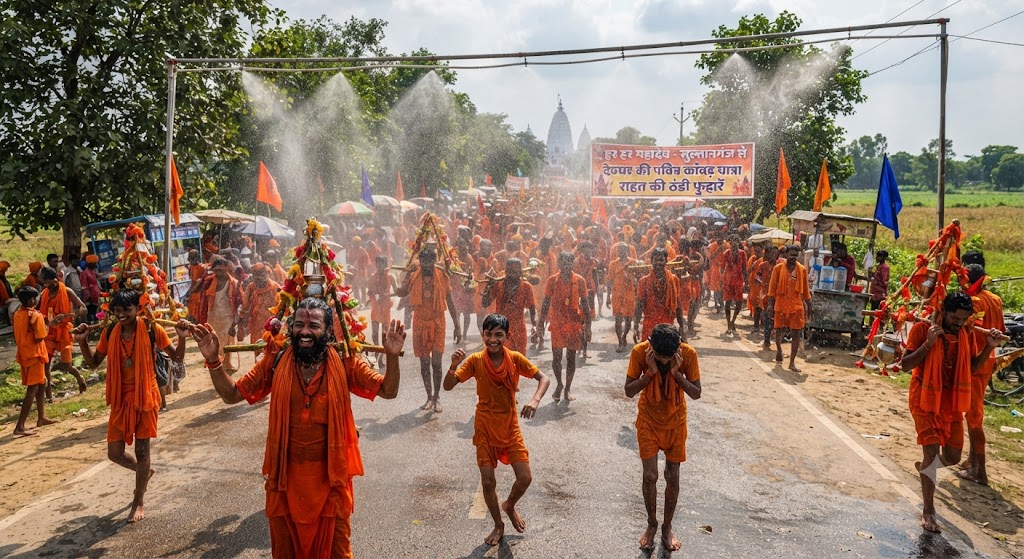 भीषण गर्मी और चिलचिलाती धूप में कांवरियों के लिए वरदान साबित हो रहा ‘कृत्रिम झरना’; सुल्तानगंज से देवघर मार्ग पर राहत की ठंडी फुहारों से झूम उठे शिव भक्त