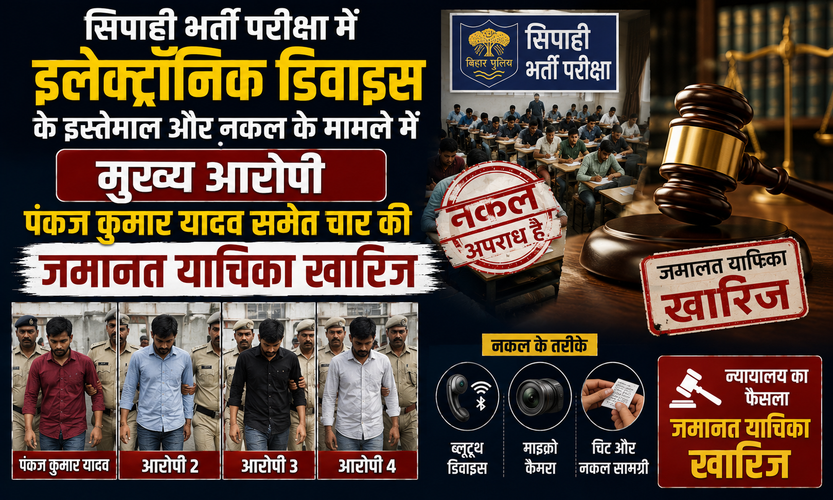 सिपाही भर्ती परीक्षा में इलेक्ट्रॉनिक डिवाइस के इस्तेमाल और नकल के मामले में मुख्य आरोपी पंकज कुमार यादव समेत चार की जमानत याचिका खारिज
