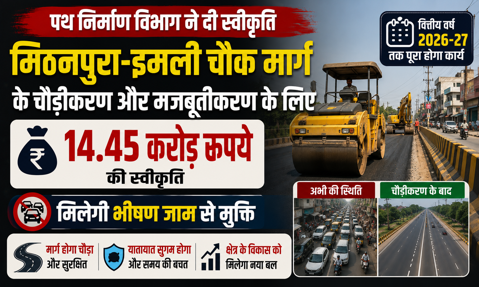 मुजफ्फरपुर में सड़क बुनियादी ढांचे का बड़ा विकास: पथ निर्माण विभाग ने मिठनपुरा-इमली चौक मार्ग के चौड़ीकरण और मजबूतीकरण के लिए 14.45 करोड़ रुपये की दी स्वीकृति, वित्तीय वर्ष 2026-27 तक पूरा होगा कार्य; मिलेगी भीषण जाम से मुक्ति