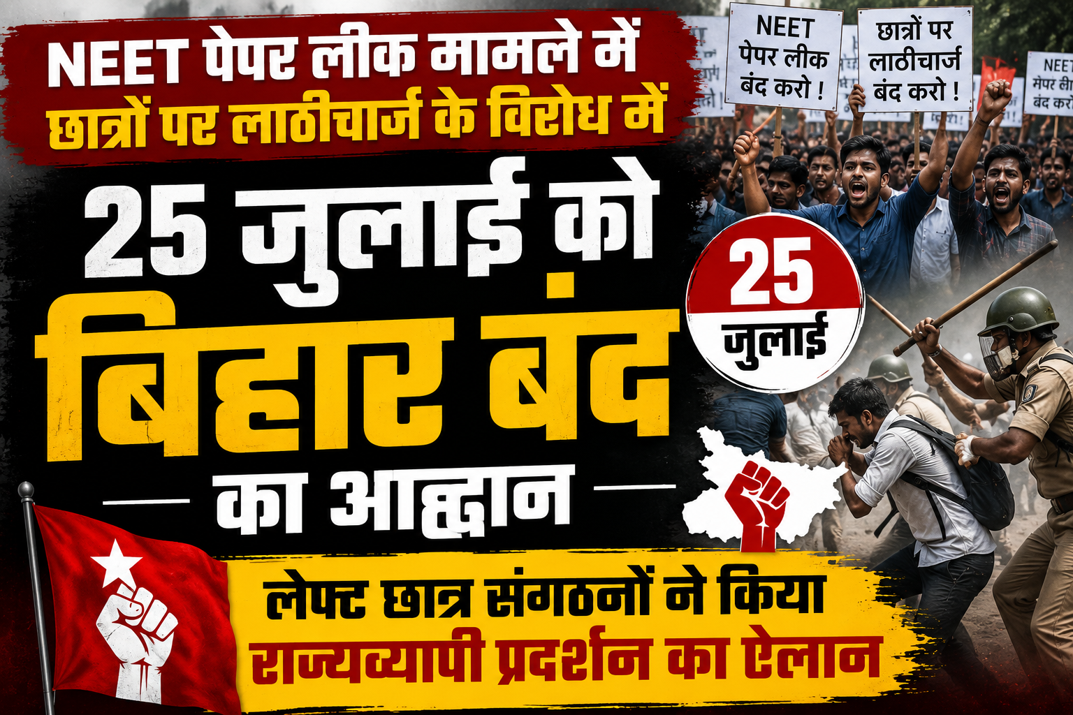 NEET पेपर लीक मामले में छात्रों पर लाठीचार्ज के विरोध में 25 जुलाई को बिहार बंद का आह्वान, लेफ्ट छात्र संगठनों ने किया राज्यव्यापी प्रदर्शन का ऐलान