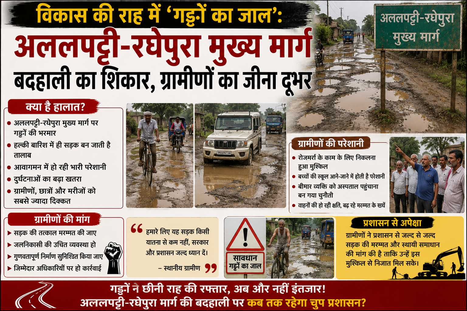 विकास की राह में 'गड्ढों का जाल': अललपट्टी-रघेपुरा मुख्य मार्ग बदहाली का शिकार, ग्रामीणों का जीना दूभर