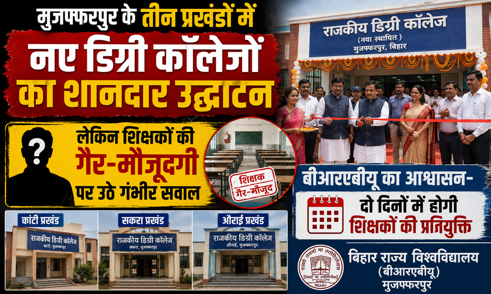 मुजफ्फरपुर के तीन प्रखंडों में नए डिग्री कॉलेजों का शानदार उद्घाटन लेकिन शिक्षकों की गैर-मौजूदगी पर उठे गंभीर सवाल, बीआरएबीयू का आश्वासन- दो दिनों में होगी शिक्षकों की प्रतिनियुक्ति