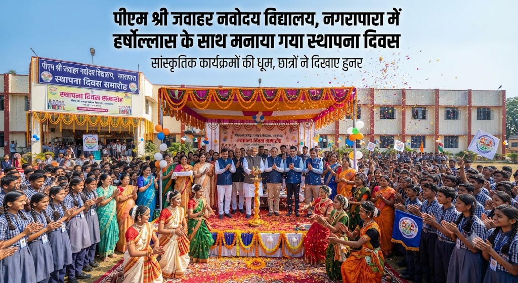 पीएम श्री जवाहर नवोदय विद्यालय, नगरापारा में हर्षोल्लास के साथ मनाया गया स्थापना दिवस; मुख्य अतिथि संतोष कुमार यादव ने दीप प्रज्वलित कर दी श्रद्धांजलि, प्राचार्य संजय कुमार ने गिनाई विद्यालय की उपलब्धियां