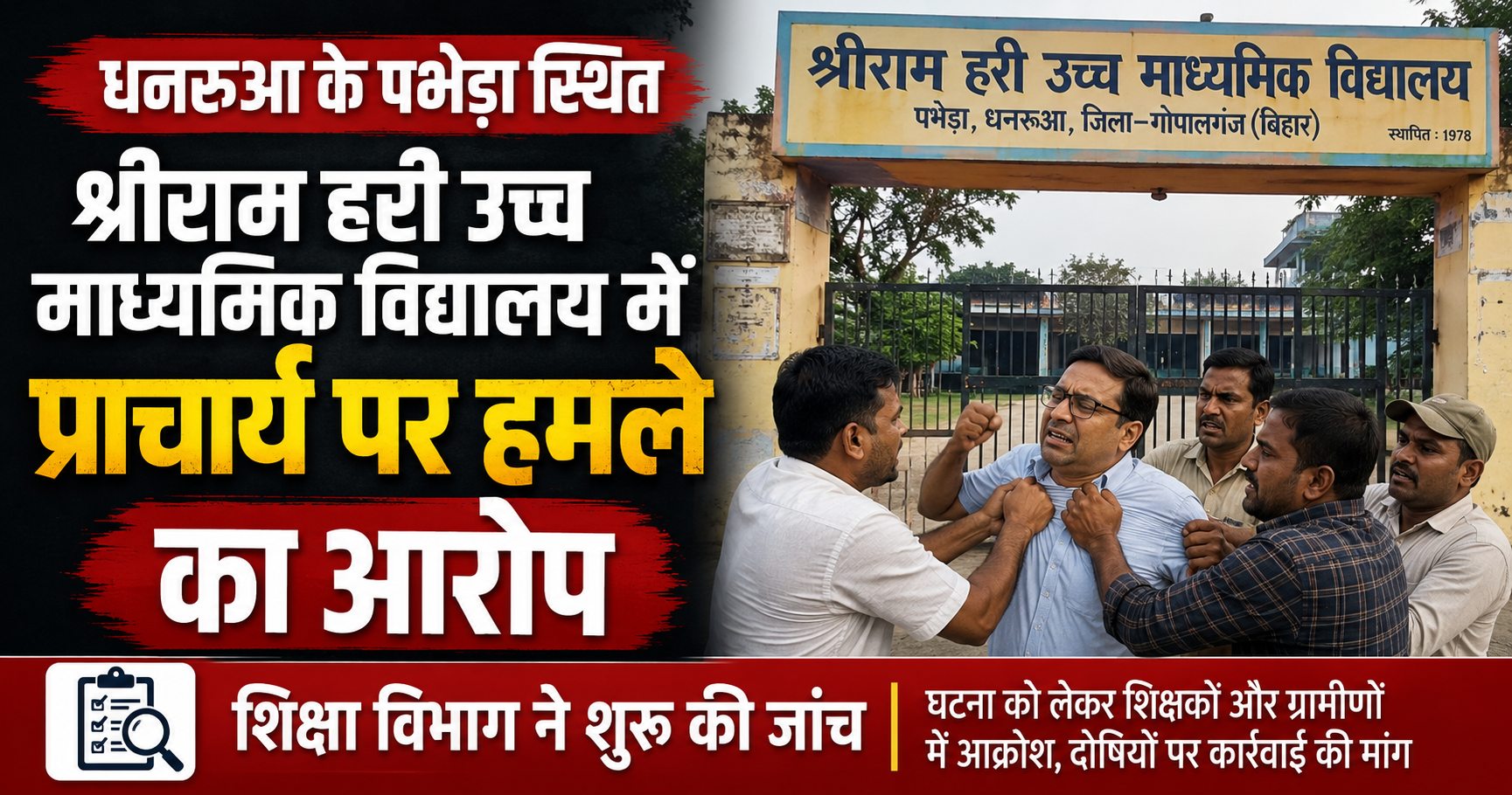 धनरुआ के पभेड़ा स्थित श्रीराम हरी उच्च माध्यमिक विद्यालय में प्राचार्य पर हमले का आरोप, शिक्षा विभाग ने शुरू की जांच