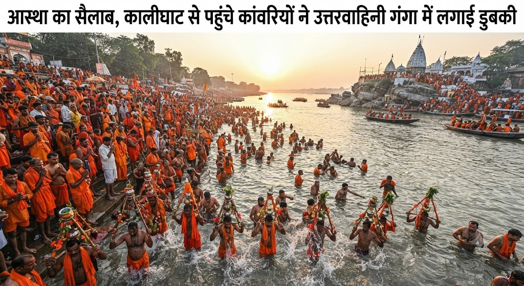 आस्था का सैलाब, कालीघाट से पहुंचे कांवरियों ने उत्तरवाहिनी गंगा में लगाई डुबकी