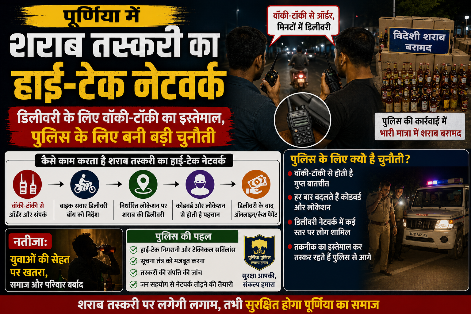 पूर्णिया में शराब तस्करी का हाई-टेक नेटवर्क: डिलीवरी के लिए वॉकी-टॉकी का इस्तेमाल, पुलिस के लिए बनी बड़ी चुनौती
