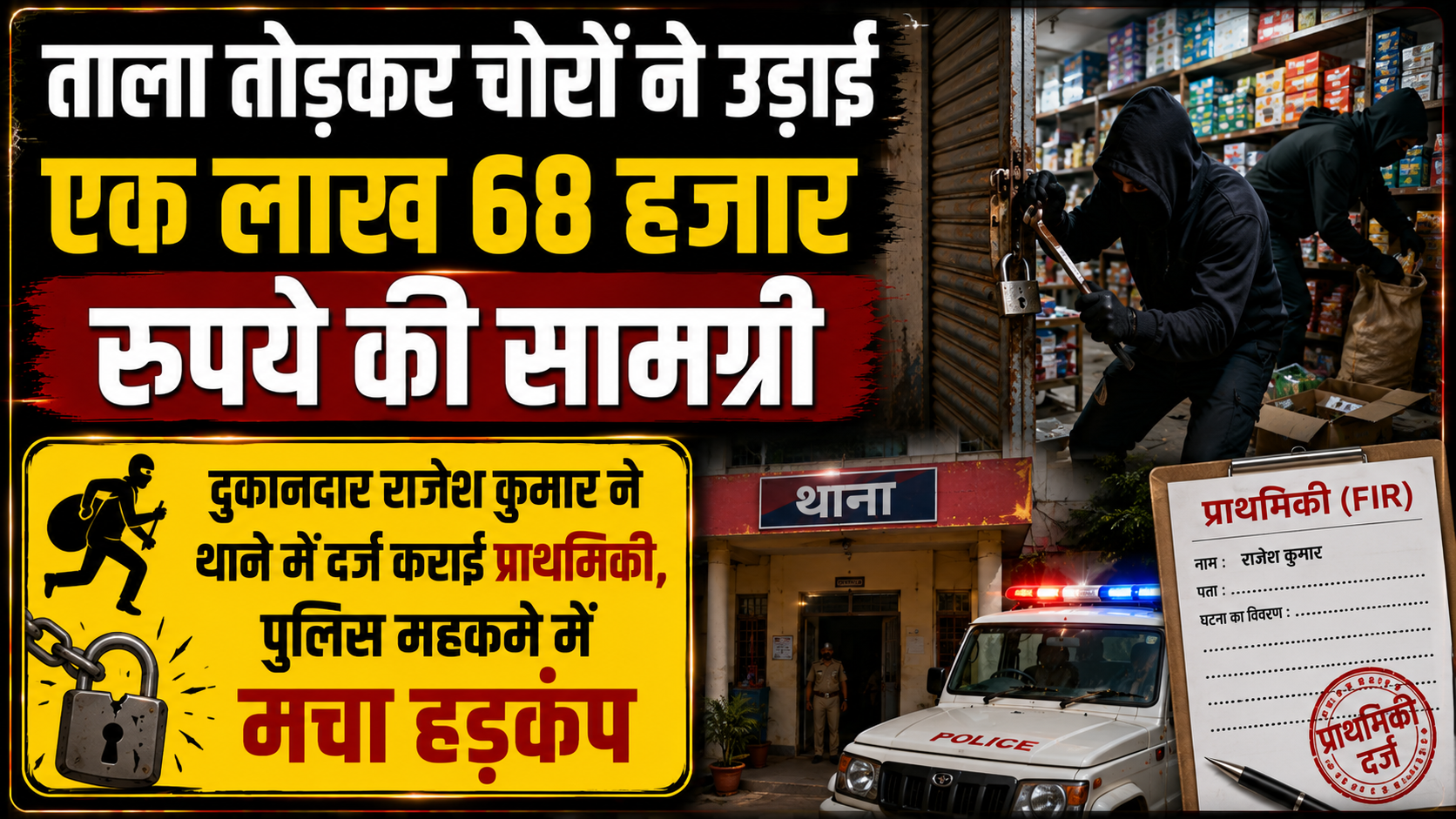 ताला तोड़कर चोरों ने उड़ाई एक लाख 68 हजार रुपये की सामग्री; दुकानदार राजेश कुमार ने थाने में दर्ज कराई प्राथमिकी, पुलिस महकमे में मचा हड़कंप