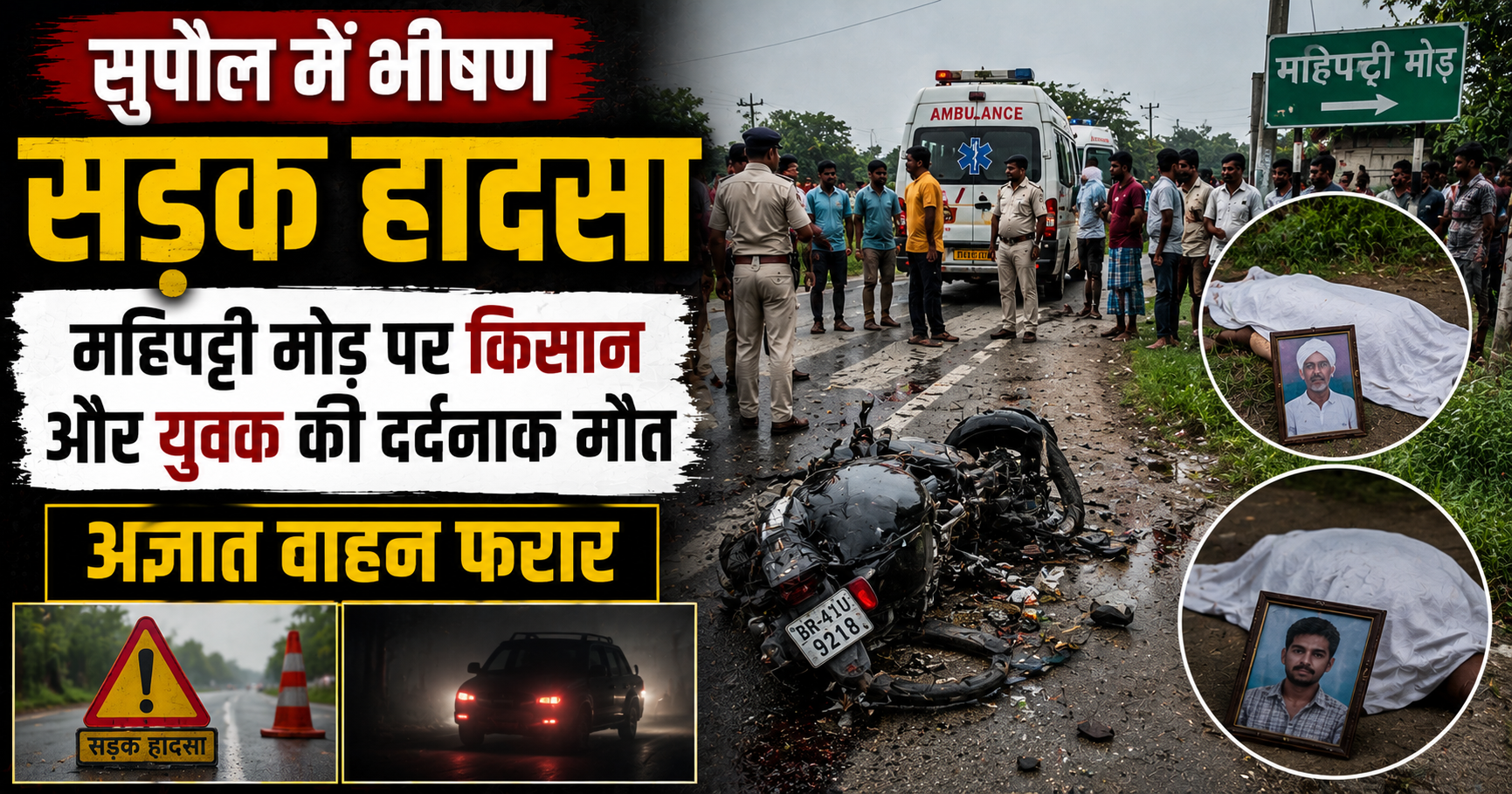 सुपौल में भीषण सड़क हादसा; महिपट्टी मोड़ पर किसान और युवक की दर्दनाक मौत, अज्ञात वाहन फरार
