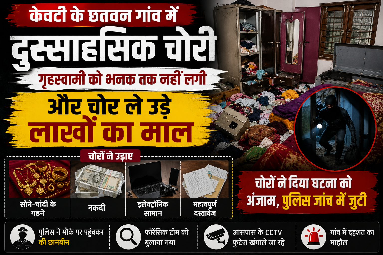 केवटी के छतवन गांव में दुस्साहसिक चोरी, गृहस्वामी को भनक तक नहीं लगी और चोर ले उड़े लाखों का माल