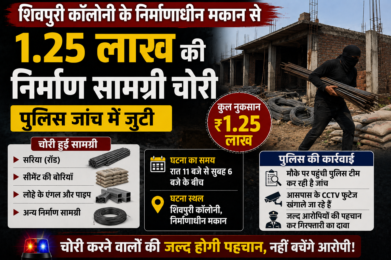 शिवपुरी कॉलोनी के निर्माणाधीन मकान से 1.25 लाख की निर्माण सामग्री चोरी, पुलिस जांच में जुटी
