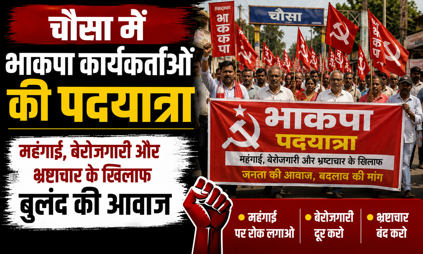 चौसा में भाकपा कार्यकर्ताओं की पदयात्रा, महंगाई-बेरोजगारी और भ्रष्टाचार के खिलाफ बुलंद की आवाज