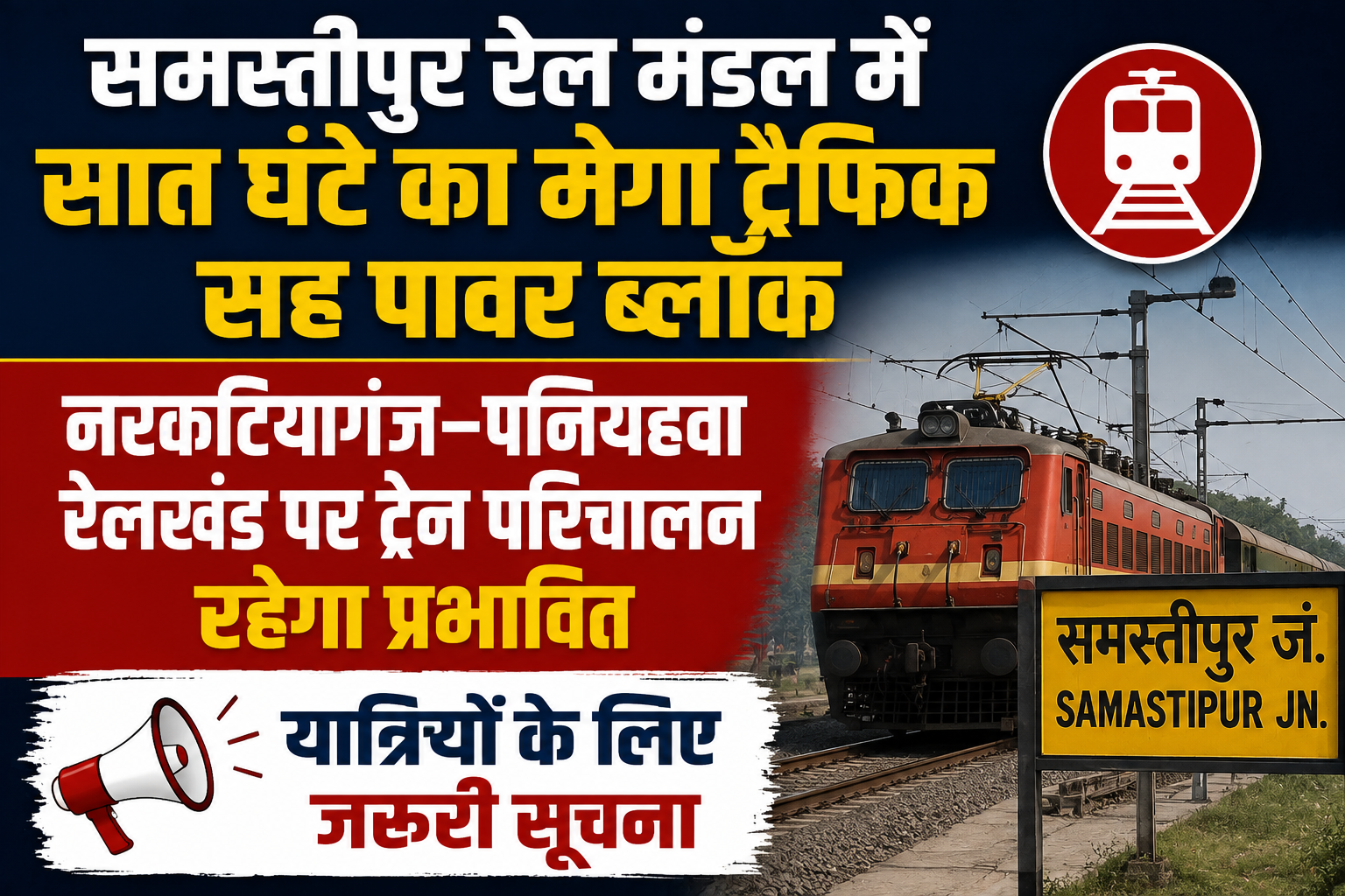 समस्तीपुर रेल मंडल में सात घंटे का मेगा ट्रैफिक सह पावर ब्लॉक, नरकटियागंज–पनियहवा रेलखंड पर ट्रेन परिचालन रहेगा प्रभावित; यात्रियों के लिए जरूरी सूचना