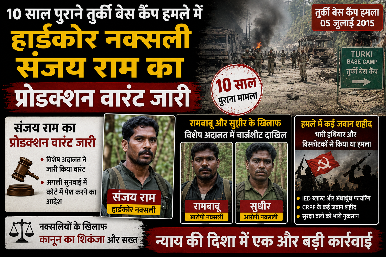 10 साल पुराने तुर्की बेस कैंप हमले में हार्डकोर नक्सली संजय राम का प्रोडक्शन वारंट जारी, रामबाबू और सुधीर के खिलाफ विशेष अदालत में चार्जशीट दाखिल