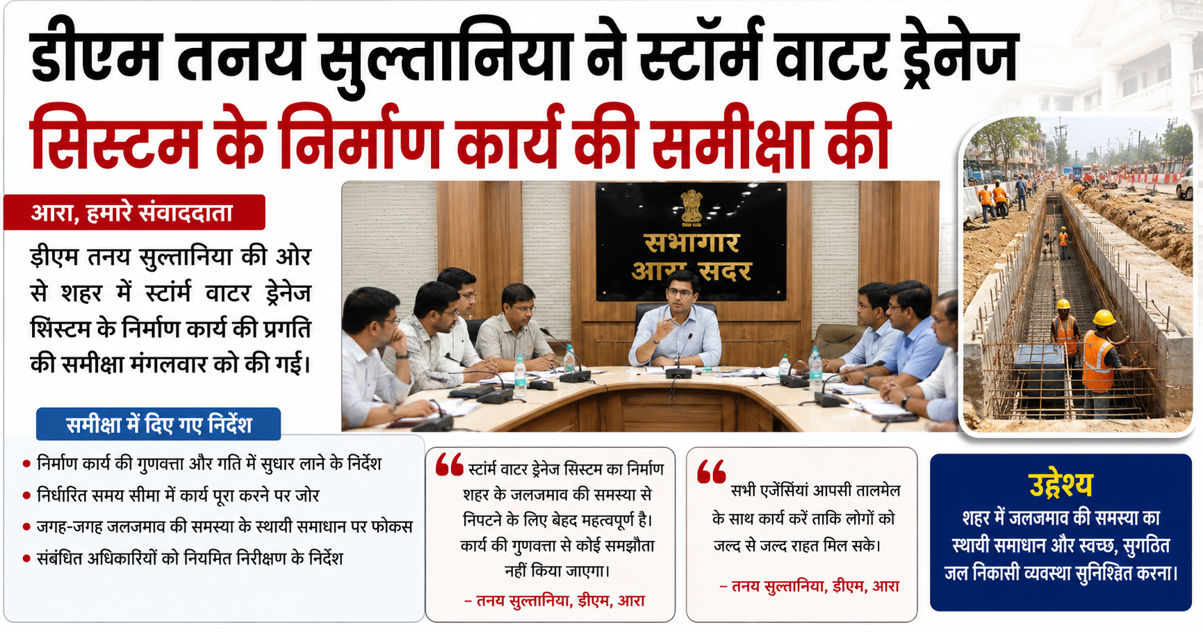 आरा: स्टॉर्म वाटर ड्रेनेज सिस्टम निर्माण की धीमी रफ्तार पर भड़के डीएम, कार्य में तेजी लाने का दिया निर्देश