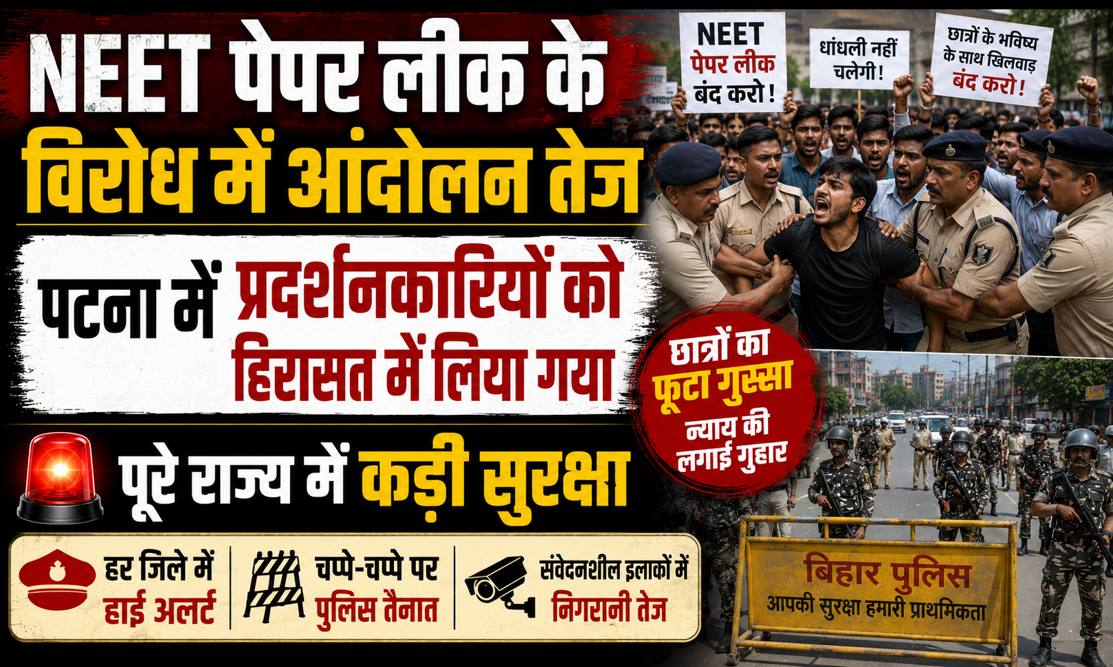 NEET पेपर लीक के विरोध में आंदोलन तेज, पटना में प्रदर्शनकारियों को हिरासत में लिया गया; पूरे राज्य में कड़ी सुरक्षा