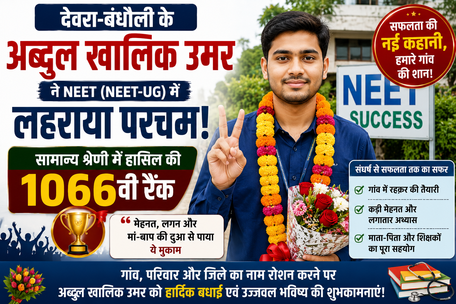 देवरा-बंधौली के अब्दुल खालिक उमर ने नीट (NEET-UG) में लहराया परचम, सामान्य श्रेणी में हासिल की 1066वीं रैंक