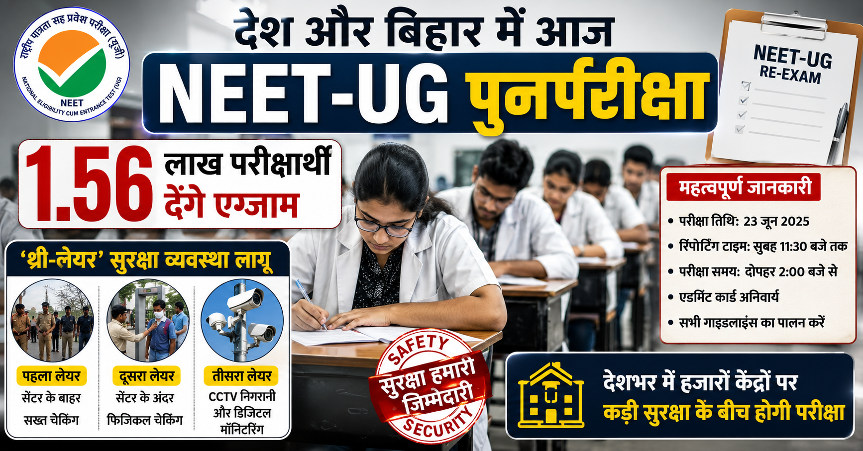 देश और बिहार में आज NEET-UG पुनर्परीक्षा, 1.56 लाख परीक्षार्थी देंगे एग्जाम, 'थ्री-लेयर' सुरक्षा व्यवस्था लागू