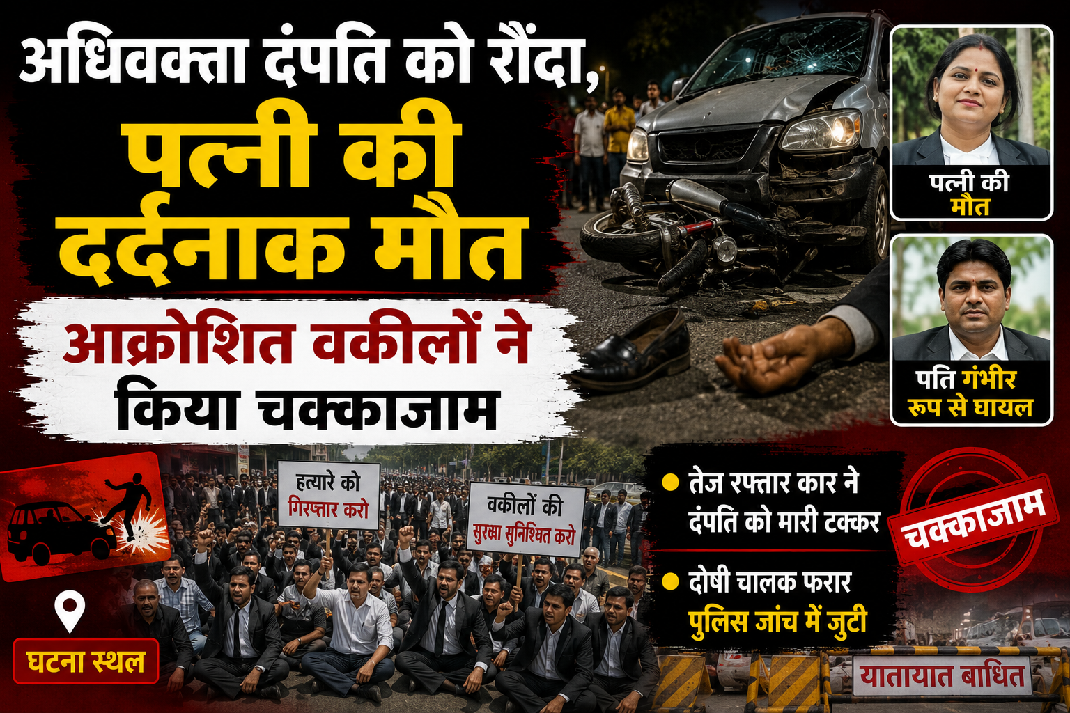 बेकाबू ट्रैक्टर ने अधिवक्ता दंपति को रौंदा, पत्नी की दर्दनाक मौत, आक्रोशित वकीलों ने किया चक्काजाम