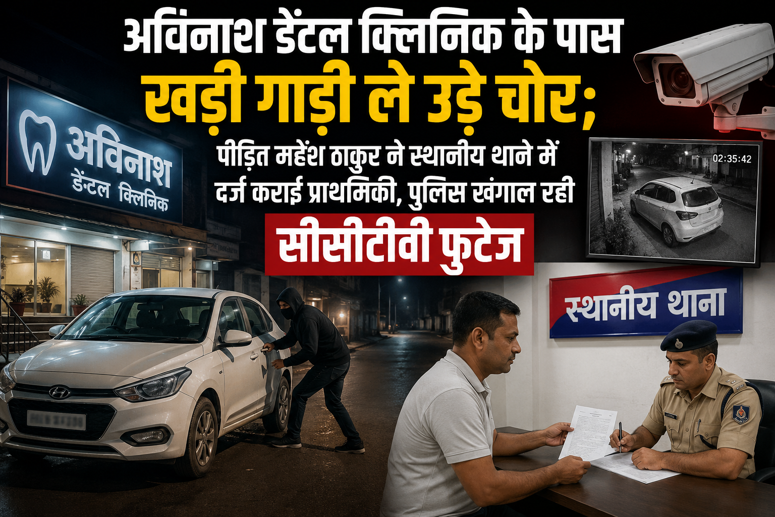 अविनाश डेंटल क्लिनिक के पास खड़ी गाड़ी ले उड़े चोर; पीड़ित महेश ठाकुर ने स्थानीय थाने में दर्ज कराई प्राथमिकी, पुलिस खंगाल रही सीसीटीवी फुटेज