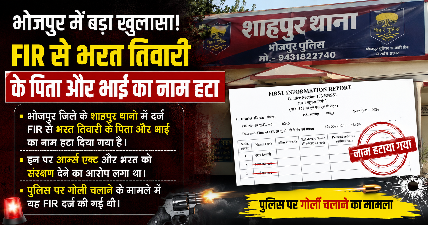 भोजपुर: शाहपुर थाना कांड में बड़ा मोड़, भरत तिवारी के पिता और भाई का नाम एफआईआर से हटाया गया