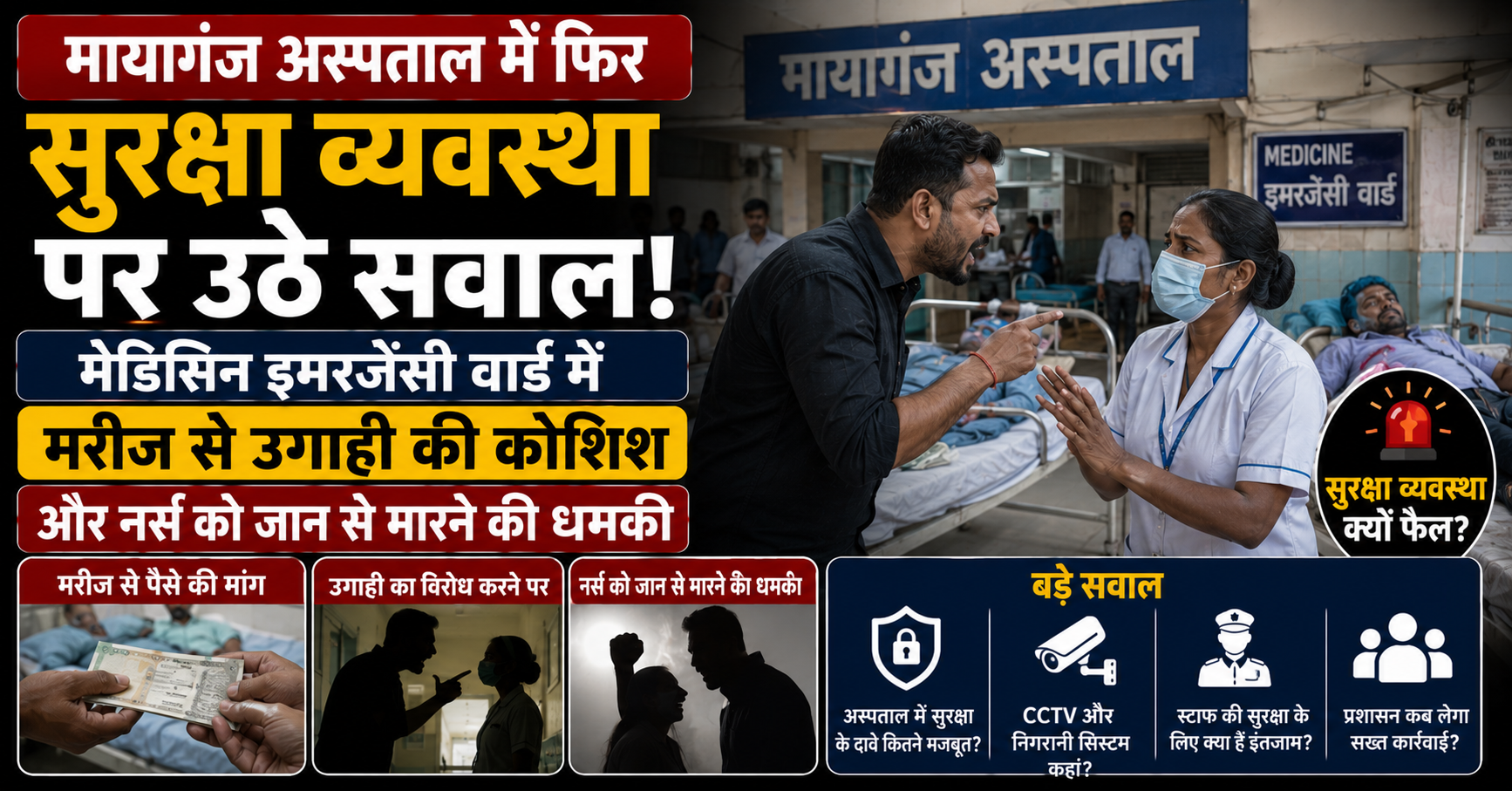 मायागंज अस्पताल में फिर सुरक्षा व्यवस्था पर उठे सवाल, मेडिसिन इमरजेंसी वार्ड में मरीज से उगाही की कोशिश और नर्स को जान से मारने की धमकी