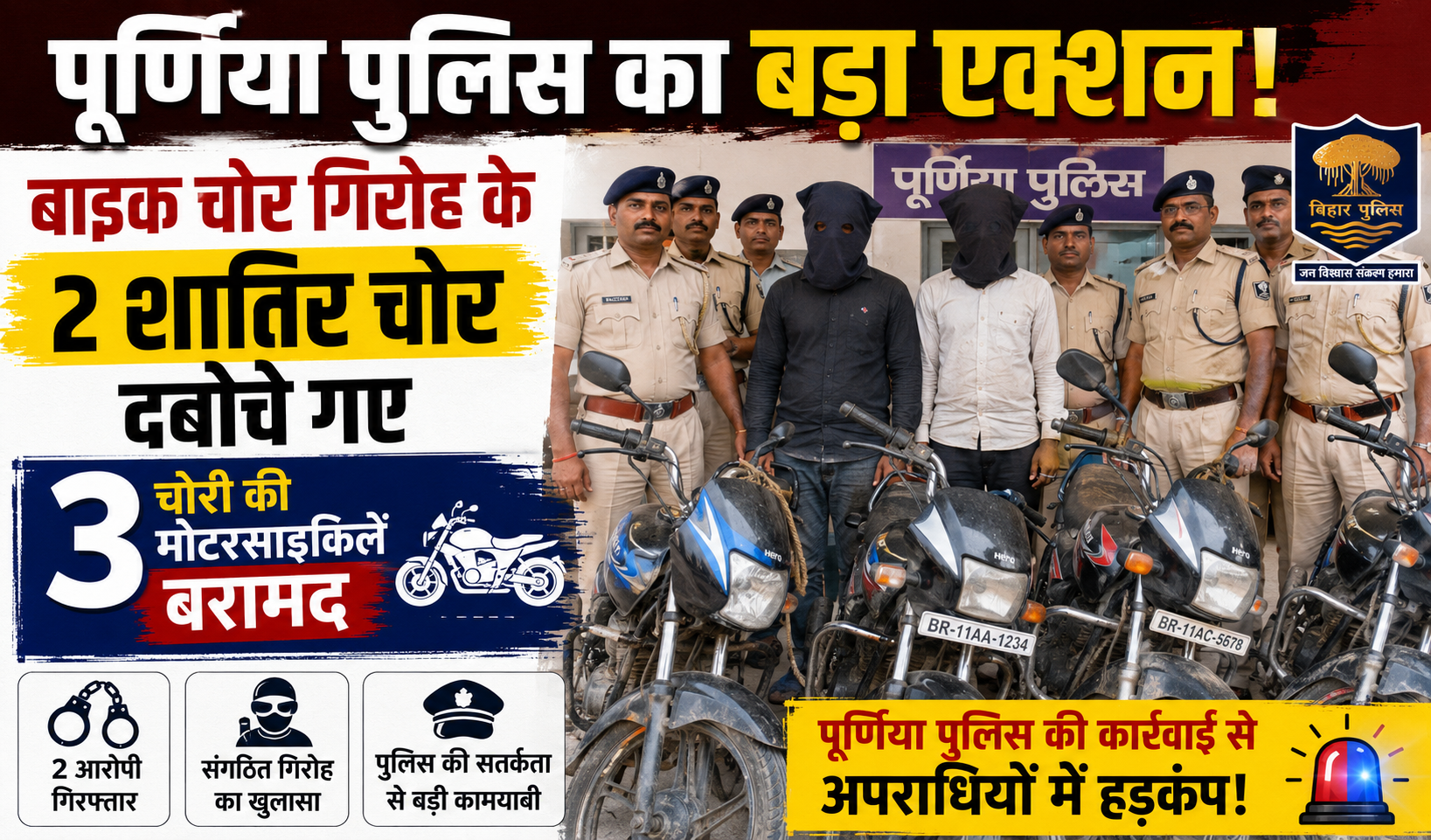 पूर्णिया पुलिस का बड़ा एक्शन! बाइक चोर गिरोह के 2 शातिर चोर दबोचे गए, 3 चोरी की मोटरसाइकिलें बरामद