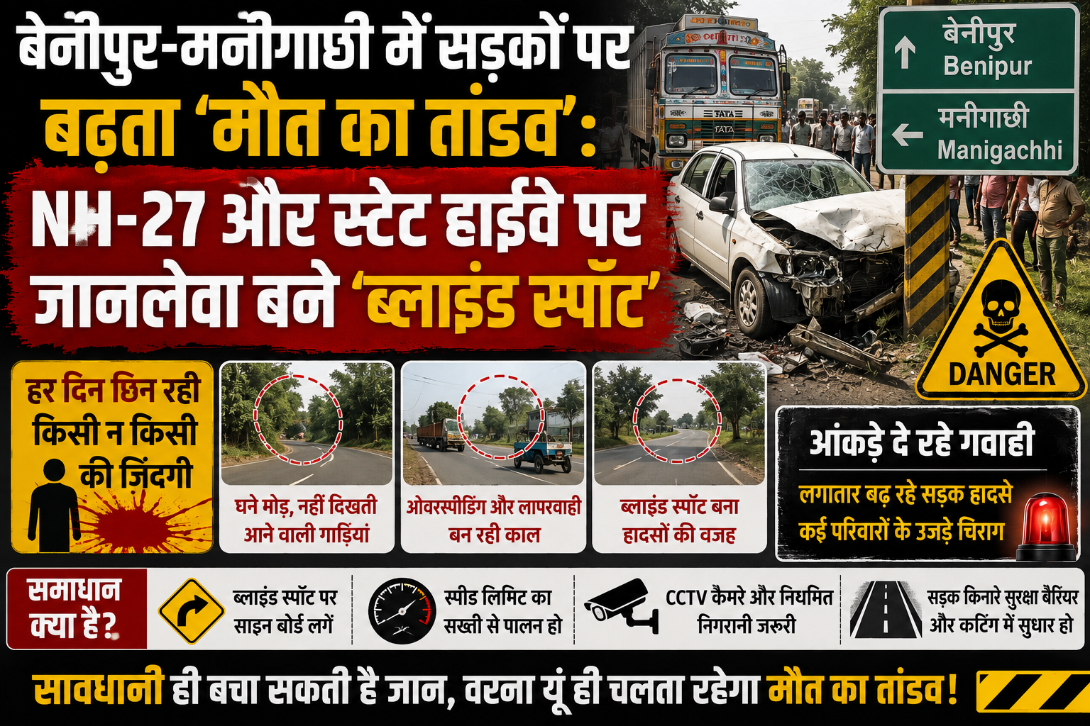 बेनीपुर-मनीगाछी में सड़कों पर बढ़ता 'मौत का तांडव': NH-27 और स्टेट हाईवे पर जानलेवा बने 'ब्लाइंड स्पॉट'