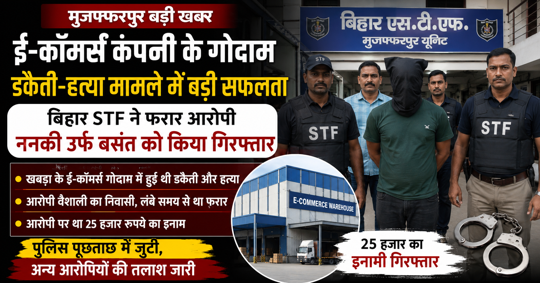 खबड़ा ई-कॉमर्स गोदाम डकैती-हत्या कांड में बड़ी सफलता, बिहार एसटीएफ ने 25 हजार के इनामी ननकी उर्फ बसंत को दबोचा