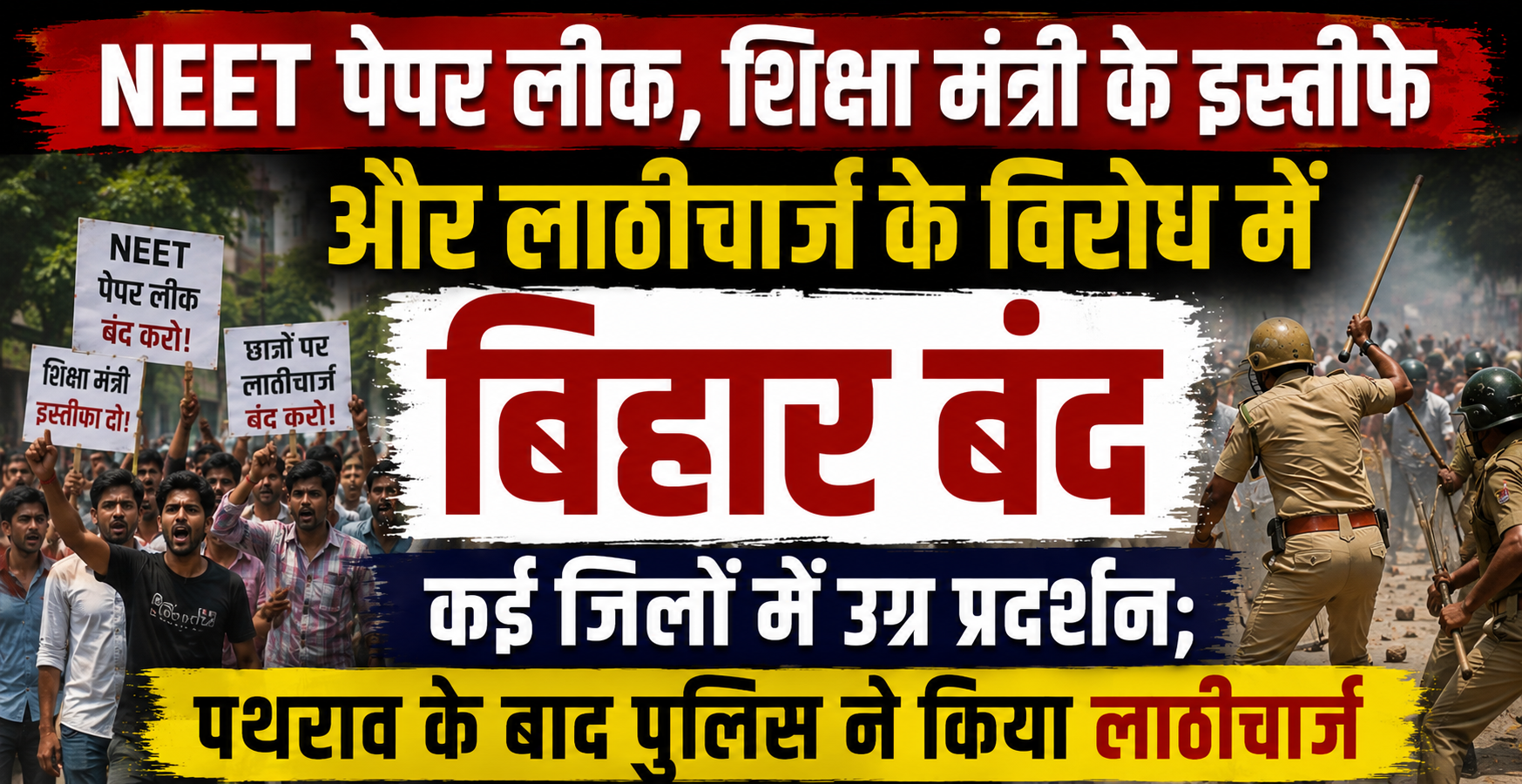 NEET पेपर लीक, शिक्षा मंत्री के इस्तीफे और लाठीचार्ज के विरोध में बिहार बंद, कई जिलों में उग्र प्रदर्शन; पथराव के बाद पुलिस ने किया लाठीचार्ज