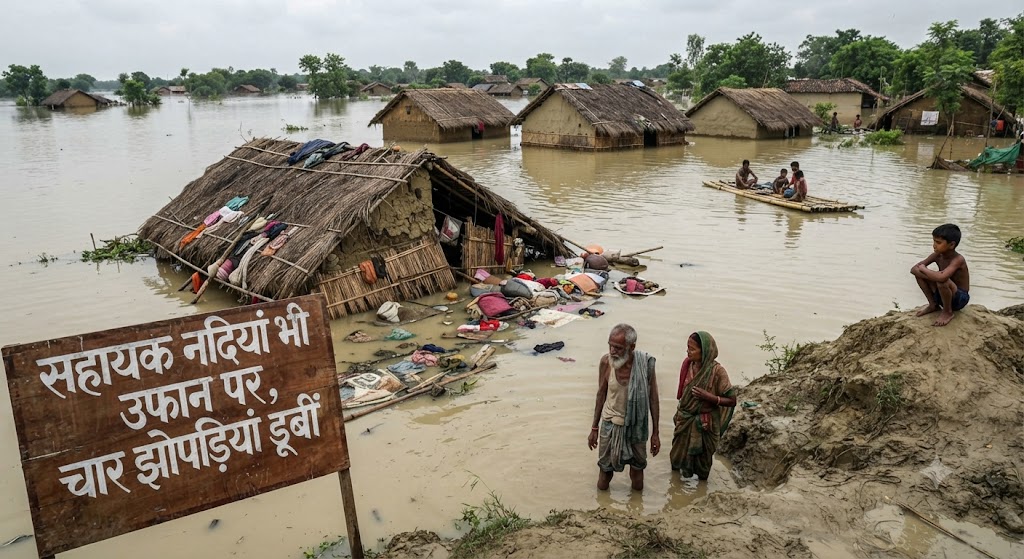 Tributary Rivers in Spate, Four Huts Submerged Rising Water Levels Raise Concern in Rural Areas, Fear of Crop Damage