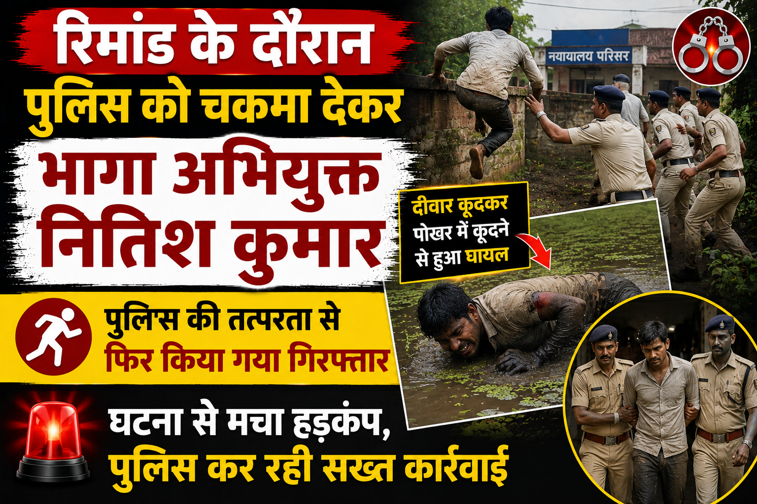सहरसा सिविल कोर्ट परिसर में सनसनीखेज वारदात: रिमांड के दौरान पुलिस को चकमा देकर भागा अभियुक्त नितिश कुमार, दीवार कूदकर पोखर में कूदने से हुआ घायल और फिर गिरफ्तार
