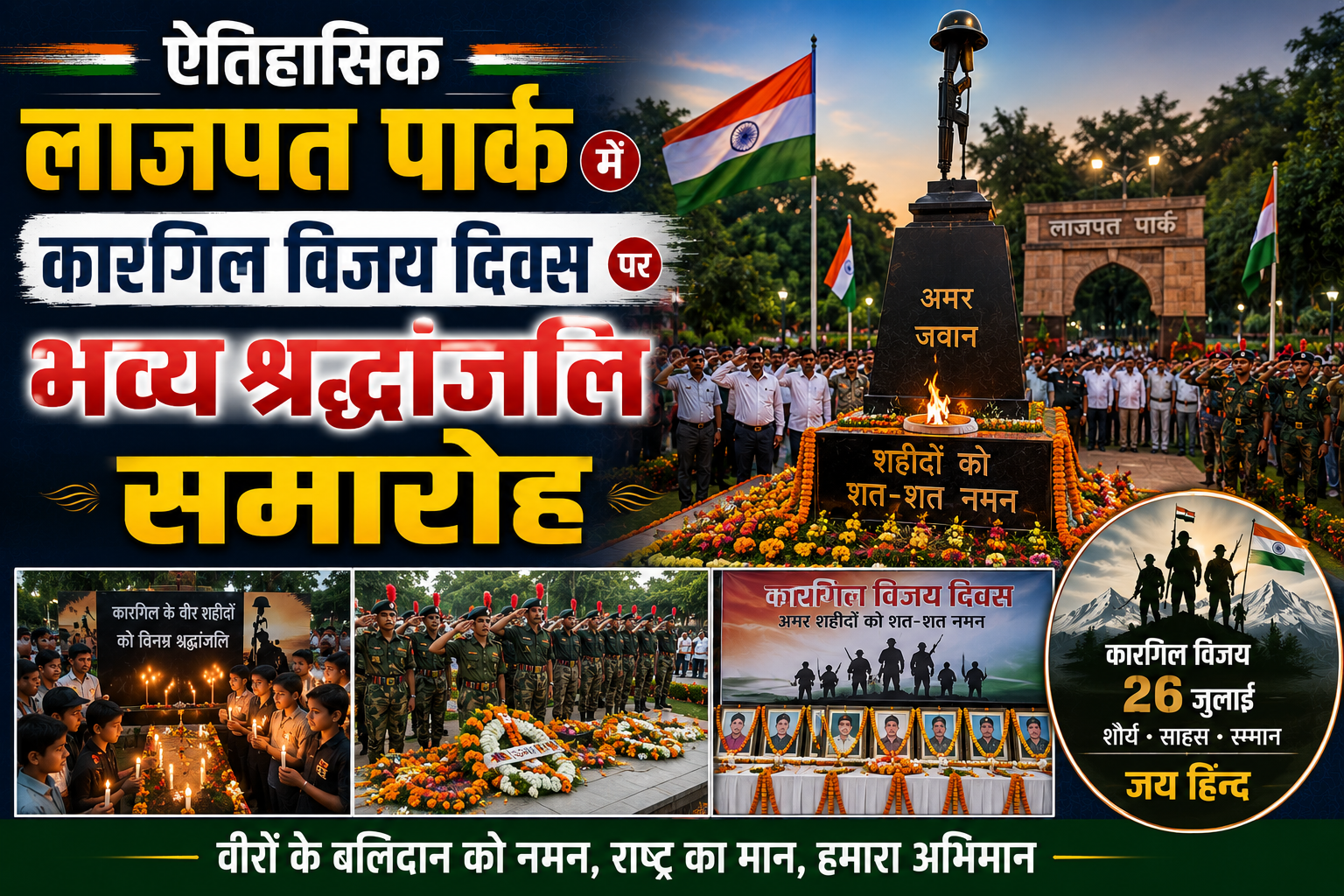 ऐतिहासिक लाजपत पार्क में कारगिल विजय दिवस पर भव्य श्रद्धांजलि समारोह का आयोजन; कर्नल संजय कुमार ने शहीदों के अदम्य साहस को किया नमन, पूर्व सैनिकों और नागरिकों ने ली राष्ट्र रक्षा की शपथ