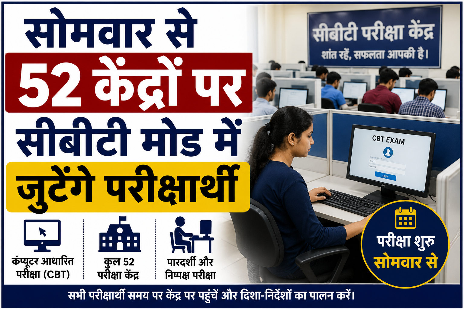 सोमवार से 52 केंद्रों पर सीबीटी मोड में जुटेंगे परीक्षार्थी