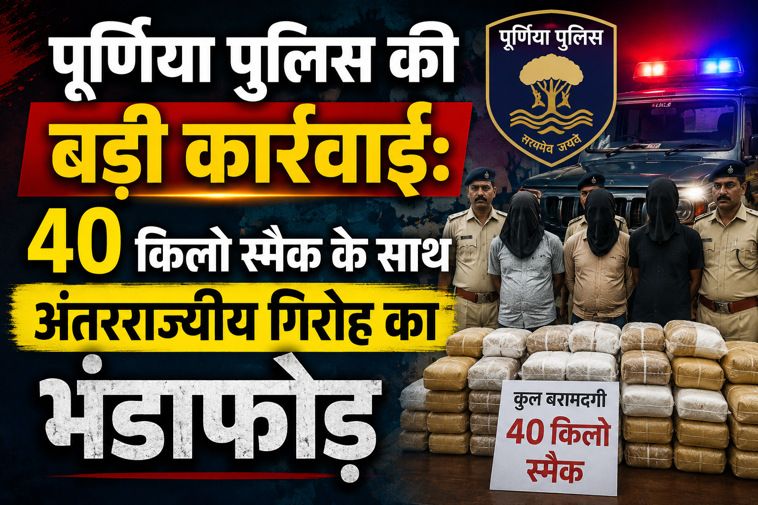 पूर्णिया पुलिस की बड़ी कार्रवाई: 40 किलो स्मैक के साथ अंतरराज्यीय गिरोह का भंडाफोड़