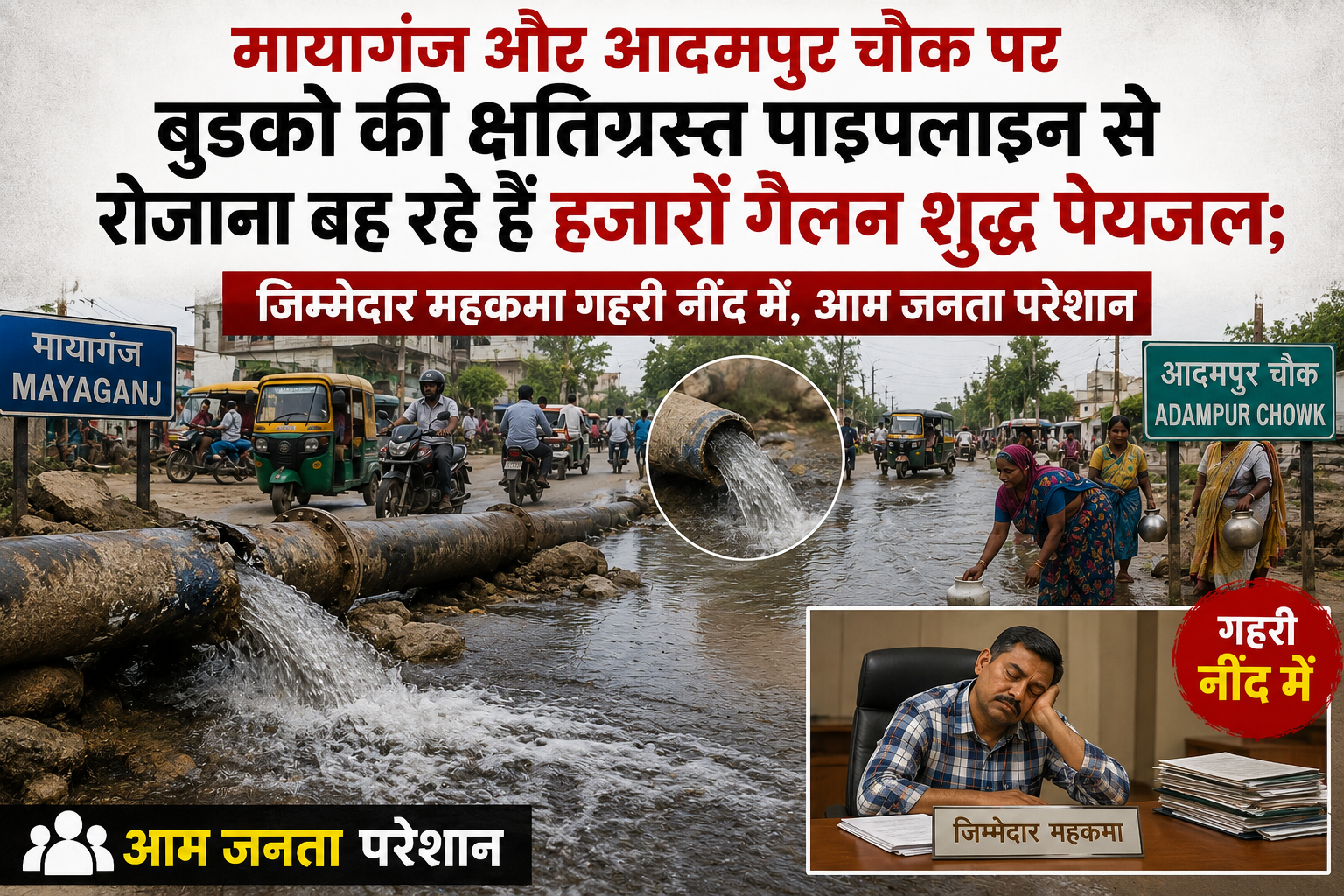 मायागंज और आदमपुर चौक पर बुडको की क्षतिग्रस्त पाइपलाइन से रोजाना बह रहे हैं हजारों गैलन शुद्ध पेयजल; जिम्मेदार महकमा गहरी नींद में, आम जनता परेशान