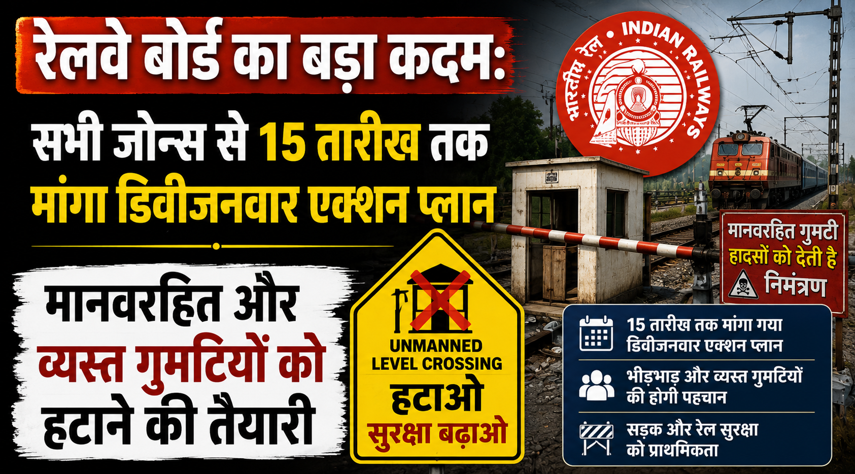 रेलवे बोर्ड का बड़ा कदम: सभी जोन्स से 15 तारीख तक मांगा डिवीजनवार एक्शन प्लान, मानवरहित और व्यस्त गुमटियों को हटाने की तैया