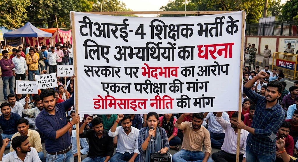 टीआरई-4 शिक्षक भर्ती के लिए अभ्यर्थियों का धरना, सरकार पर भेदभाव का आरोप; एकल परीक्षा और डोमिसाइल नीति की मांग