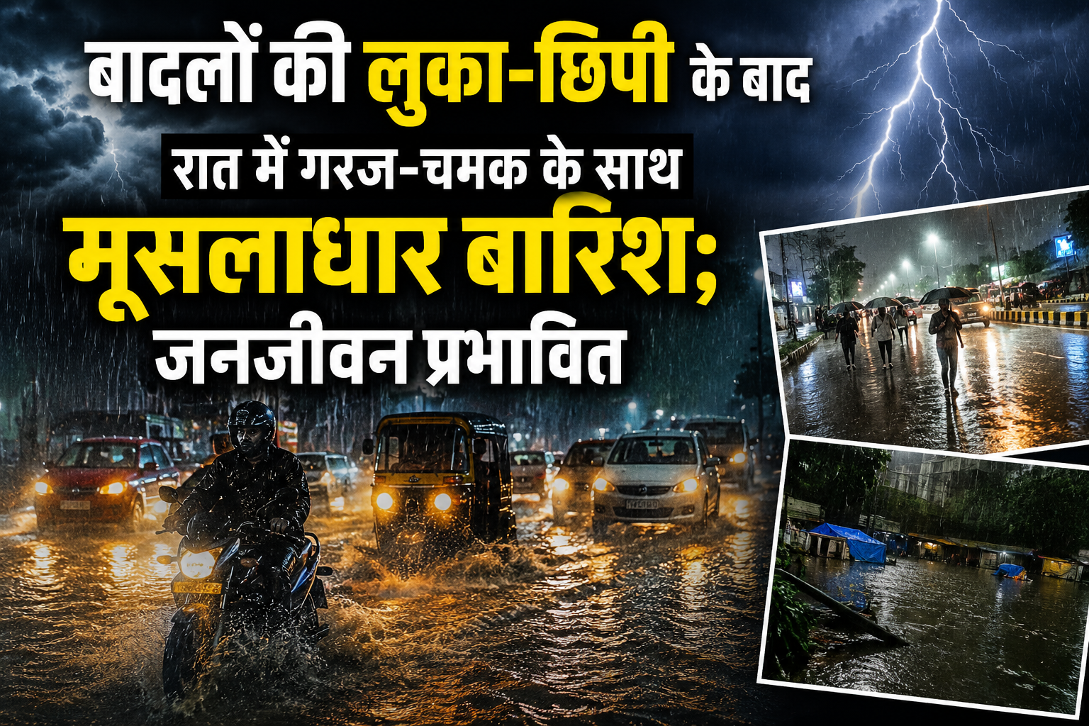 बादलों की लुका-छिपी के बाद रात में गरज-चमक के साथ मूसलाधार बारिश; जनजीवन प्रभावित