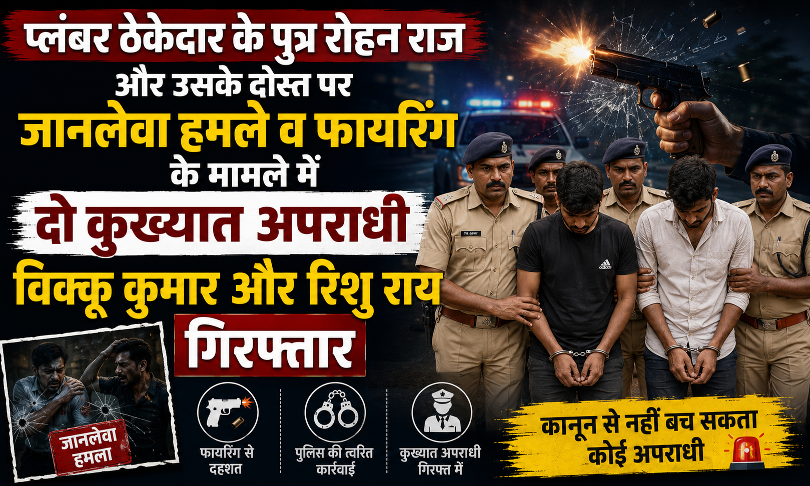 प्लंबर ठेकेदार के पुत्र रोहन राज और उसके दोस्त पर जानलेवा हमले व फायरिंग के मामले में दो कुख्यात अपराधी विक्कू कुमार और रिशु राय गिरफ्तार