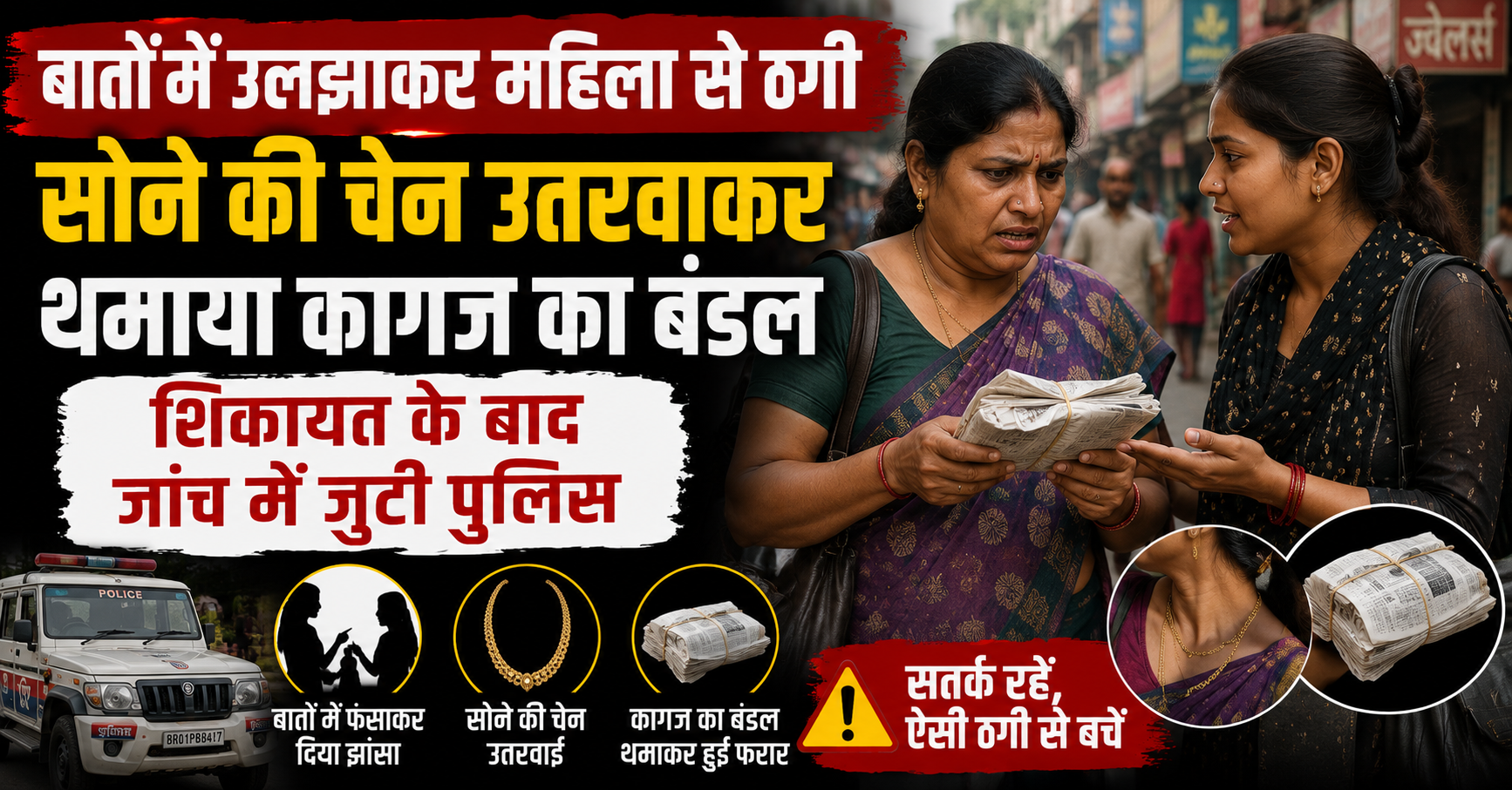 बातों में उलझाकर महिला से ठगी, सोने की चेन उतरवाकर थमाया कागज का बंडल; शिकायत के बाद जांच में जुटी पुलिस
